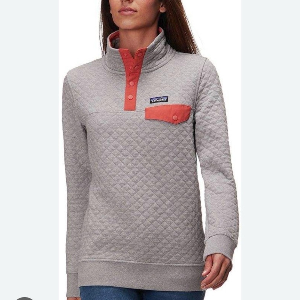 Patagonia Organic Cotton Quilted Snap-T Pullover Sweater Gray Pink Medium